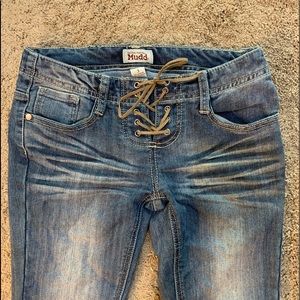 Denim jeans with cute shoe lace tied front